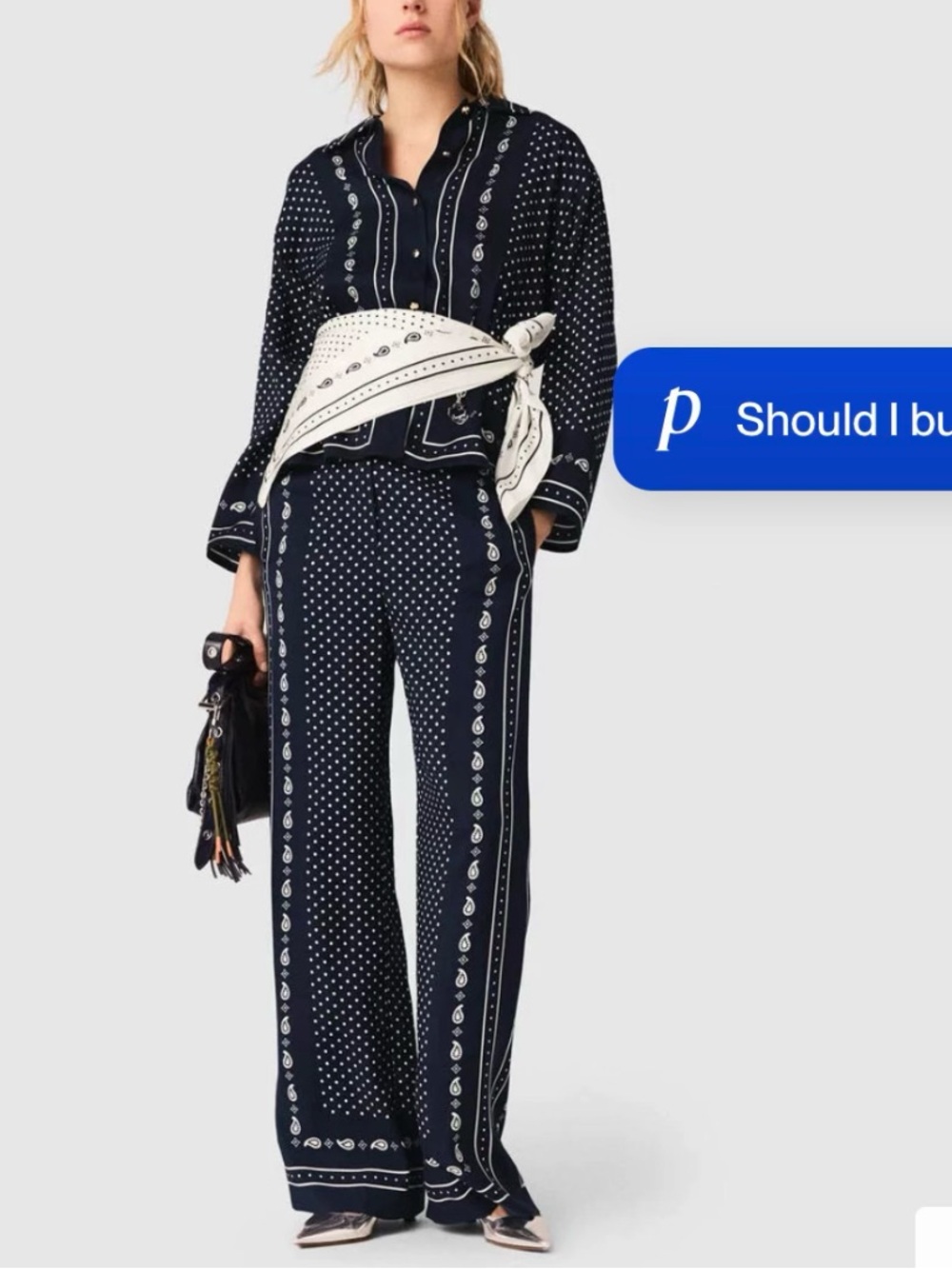 Maje Navy and White Bandana-Print Wide-Leg Pants and shirt set  size 0/34